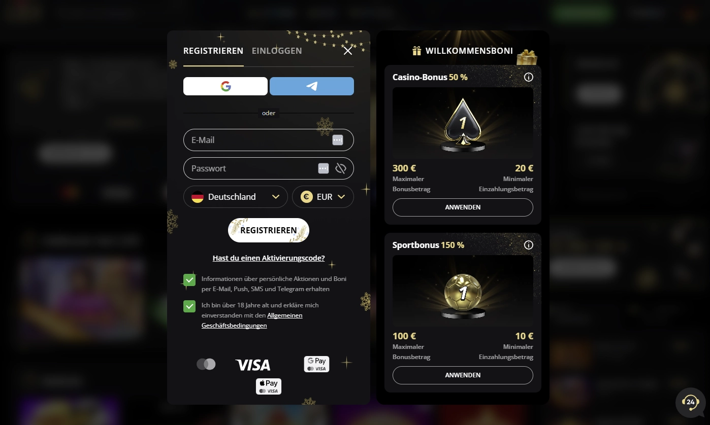 Registrierungsoberfläche bei Lex Casino